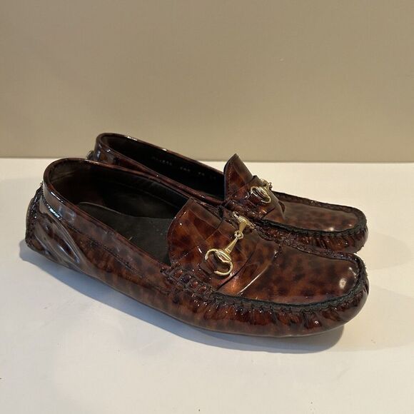 Cole Haan Women's Bit Driving Loafers Sz 6.5B Brown Patent Leather Leopard Shoes - Picture 1 of 10
